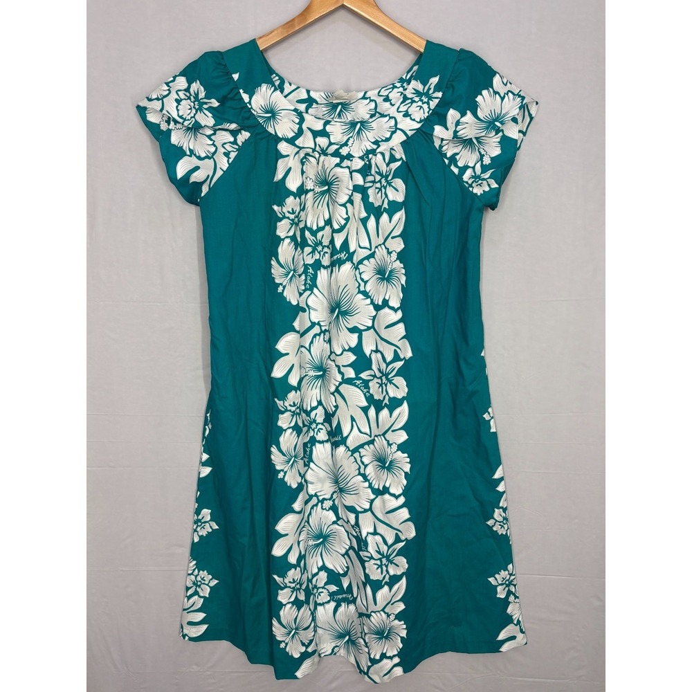 Aikane‎ Hawaii Muumuu Dress Womens Teal White Floral Puff Sleeve Scoop Neck 14
